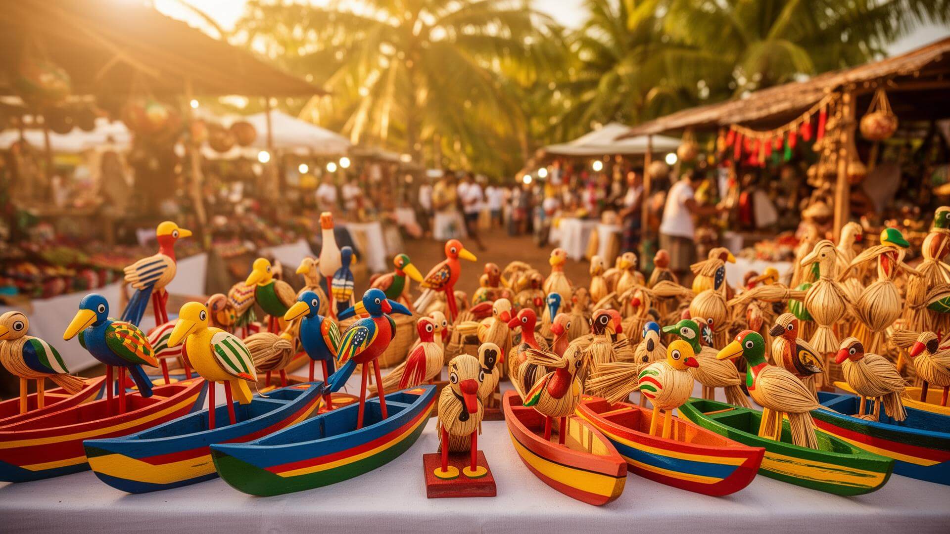 Brinquedos de miriti coloridos expostos no festival